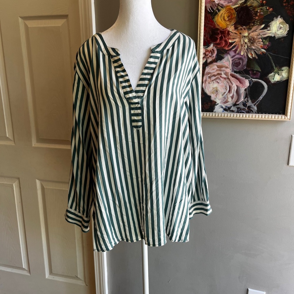 JANE AND DELANCEY womens 1X Green & White STRIPED rayon buttoned blouse